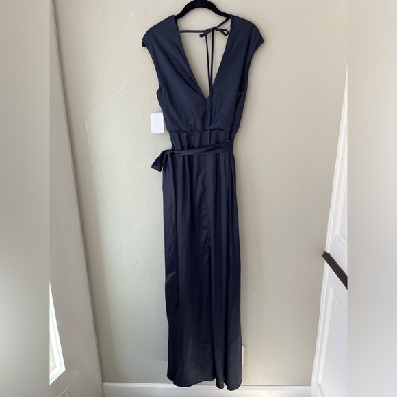 💙 DESSY COLLECTION CHARMEUSE V NECK SATIN DRESS GOWN MIDNIGHT 4 - Picture 7 of 8